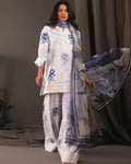 Aqua Bloom blue and white printed lawn outfit with embroidery.