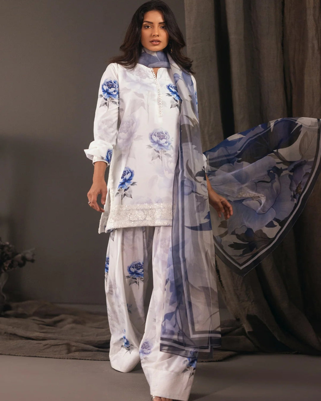 Aqua Bloom blue and white printed lawn outfit with embroidery.