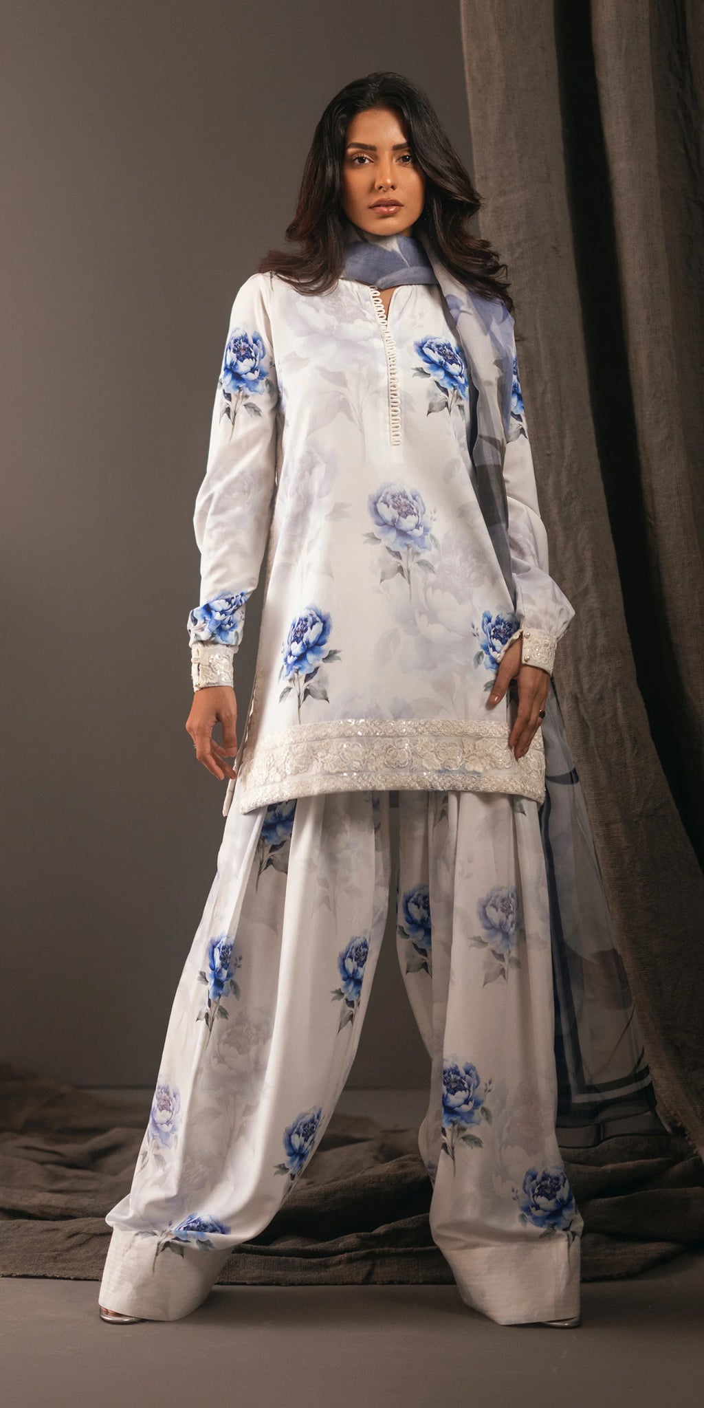 Aqua Bloom elegant lawn suit with farshi shalwar.