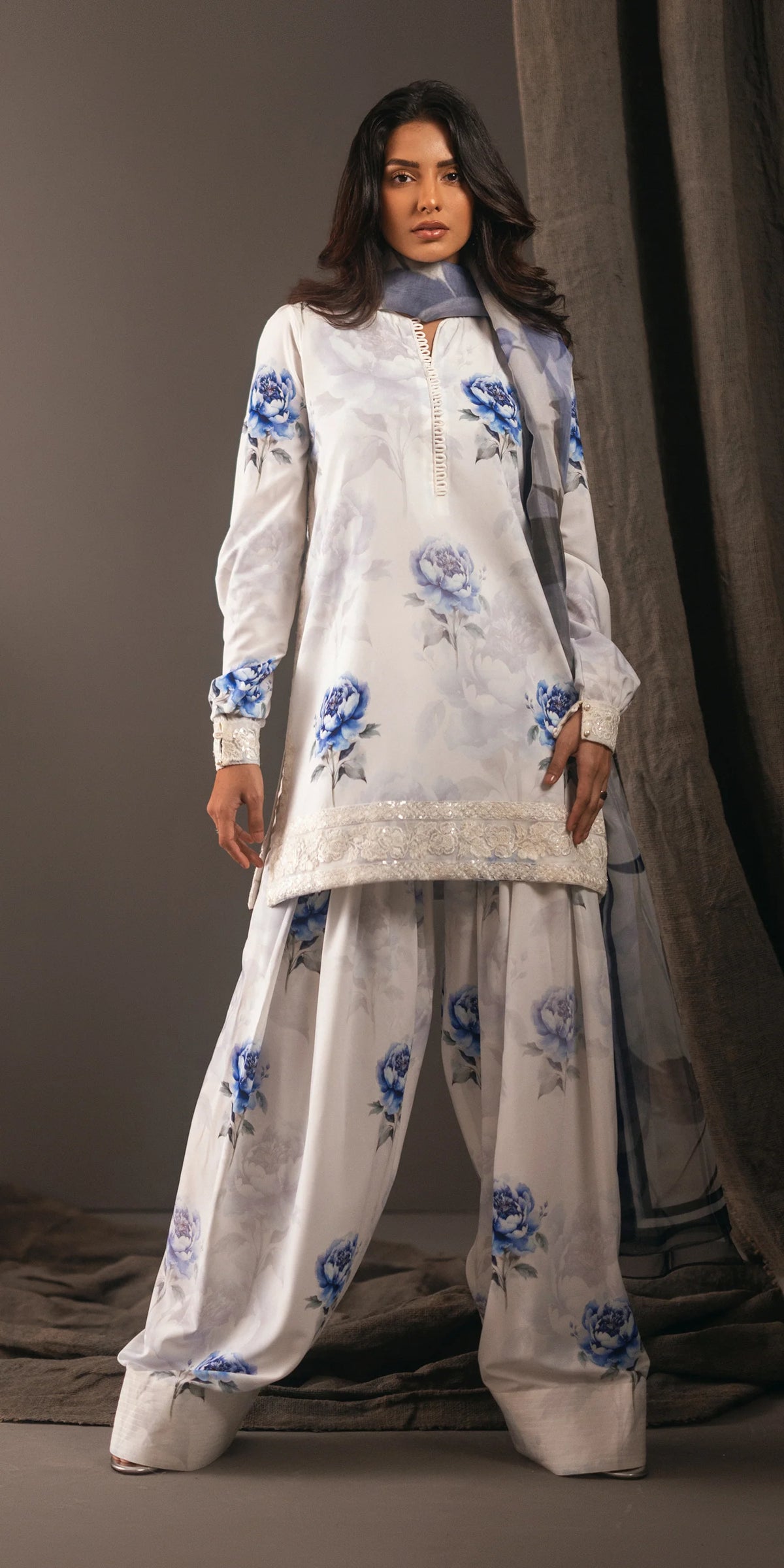 Aqua Bloom elegant lawn suit with farshi shalwar.