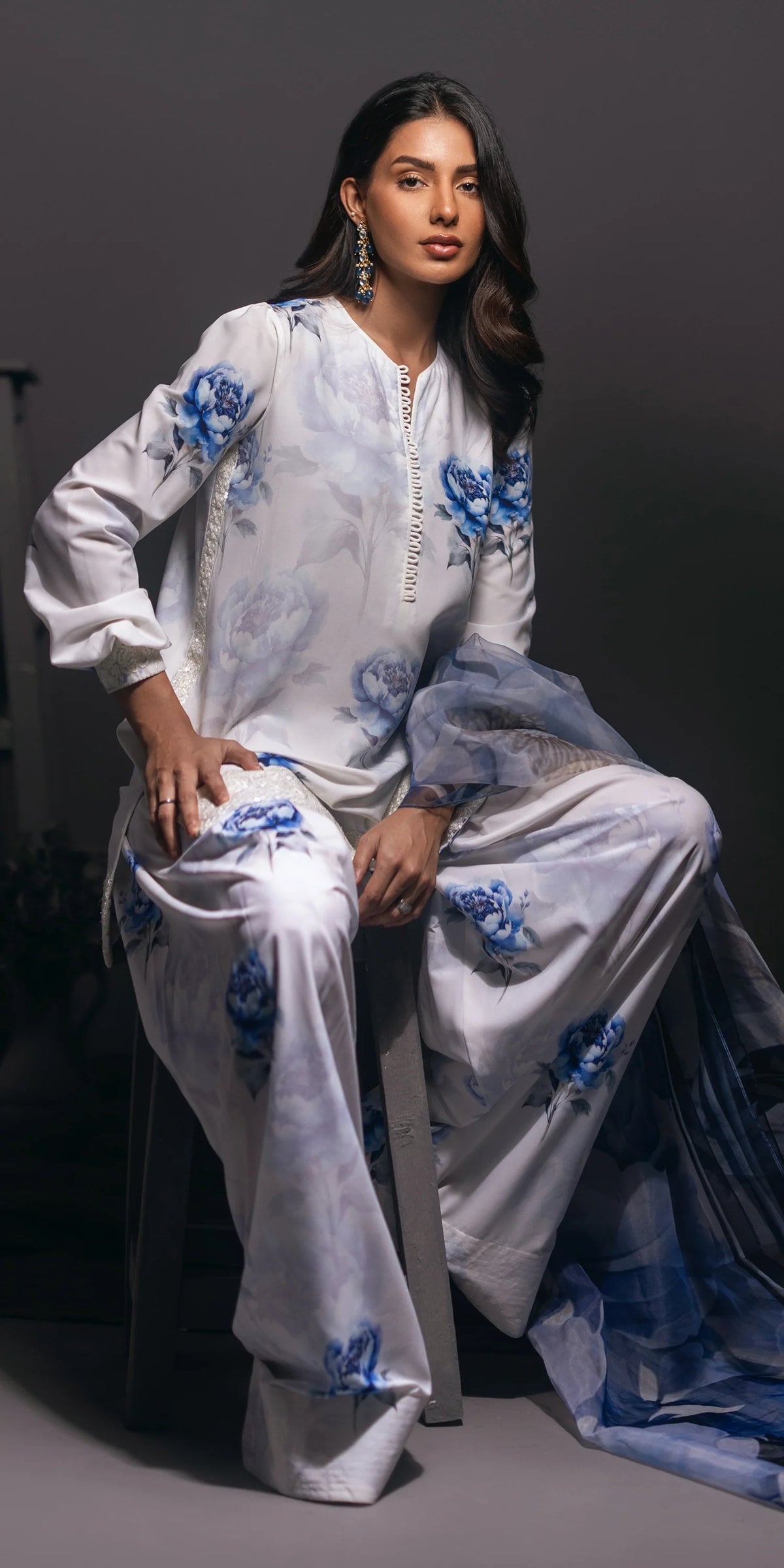 Aqua Bloom printed lawn outfit with organza dupatta.