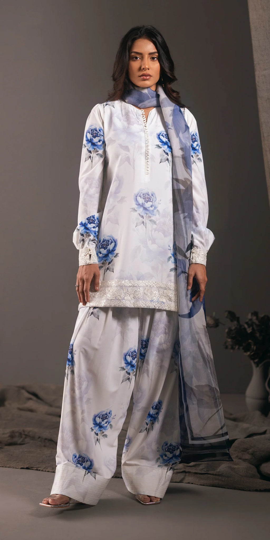 Aqua Bloom blue and white 3-piece festive suit.