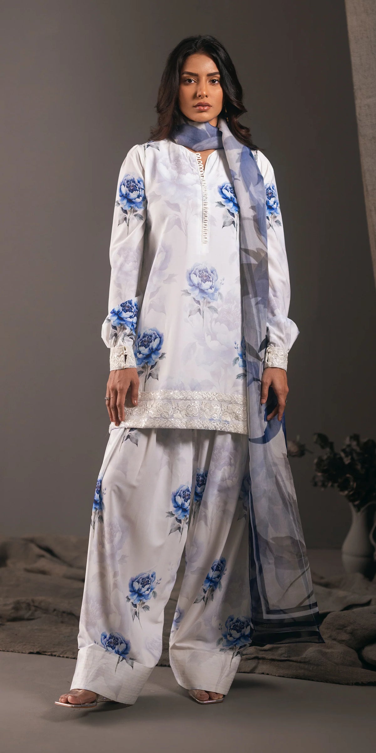 Aqua Bloom blue and white 3-piece festive suit.