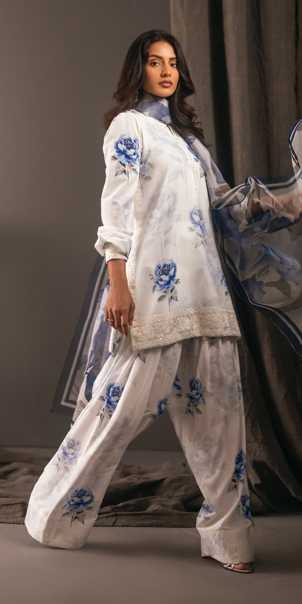 Aqua Bloom embroidered lawn shirt with printed dupatta.