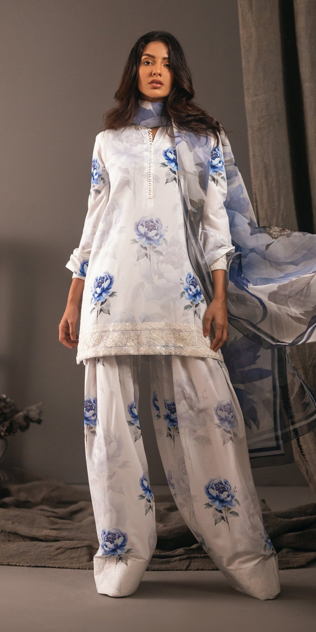 Aqua Bloom elegant outfit with classic farshi shalwar.