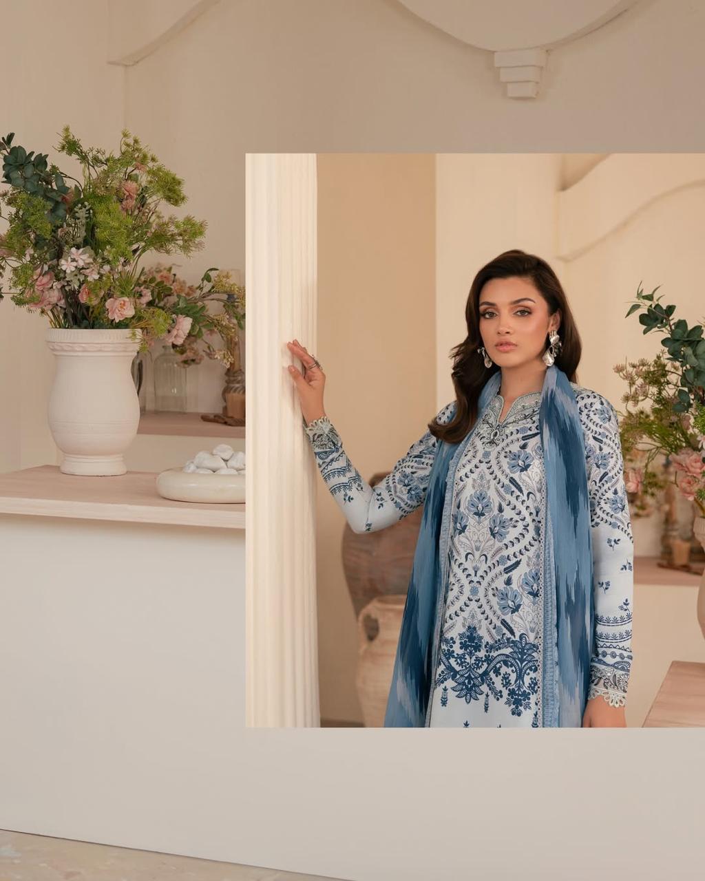 Aroha embroidered lawn shirt with neckline detailing