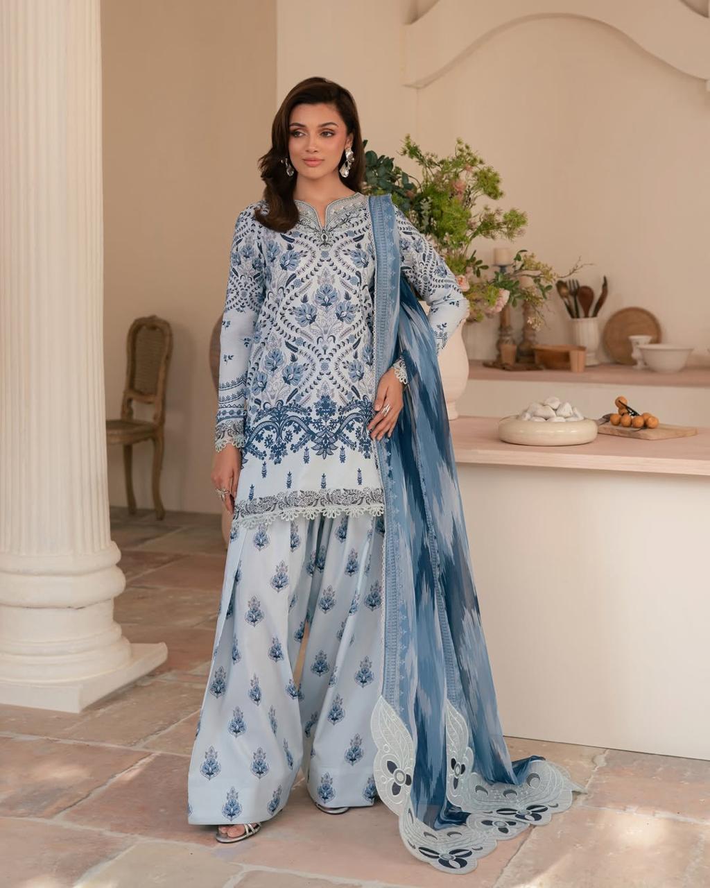 Aroha lawn shirt with delicate neckline embroidery