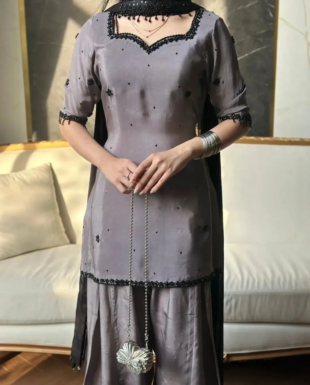 Ayla grey shirt with handmade black booti work
