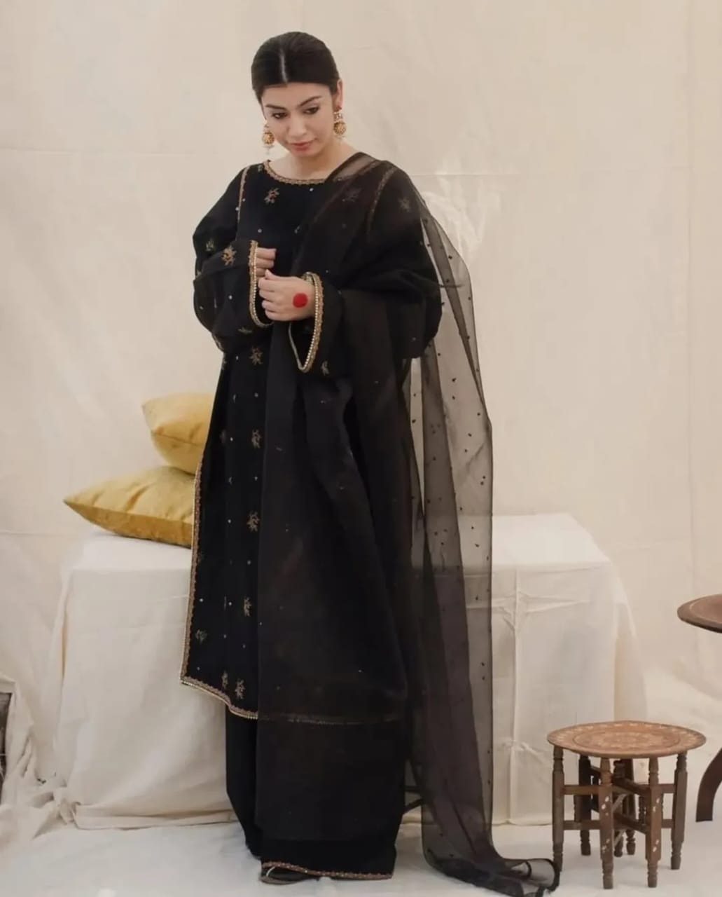 Black Stone luxury 4-piece organza outfit with intricate embroidery.