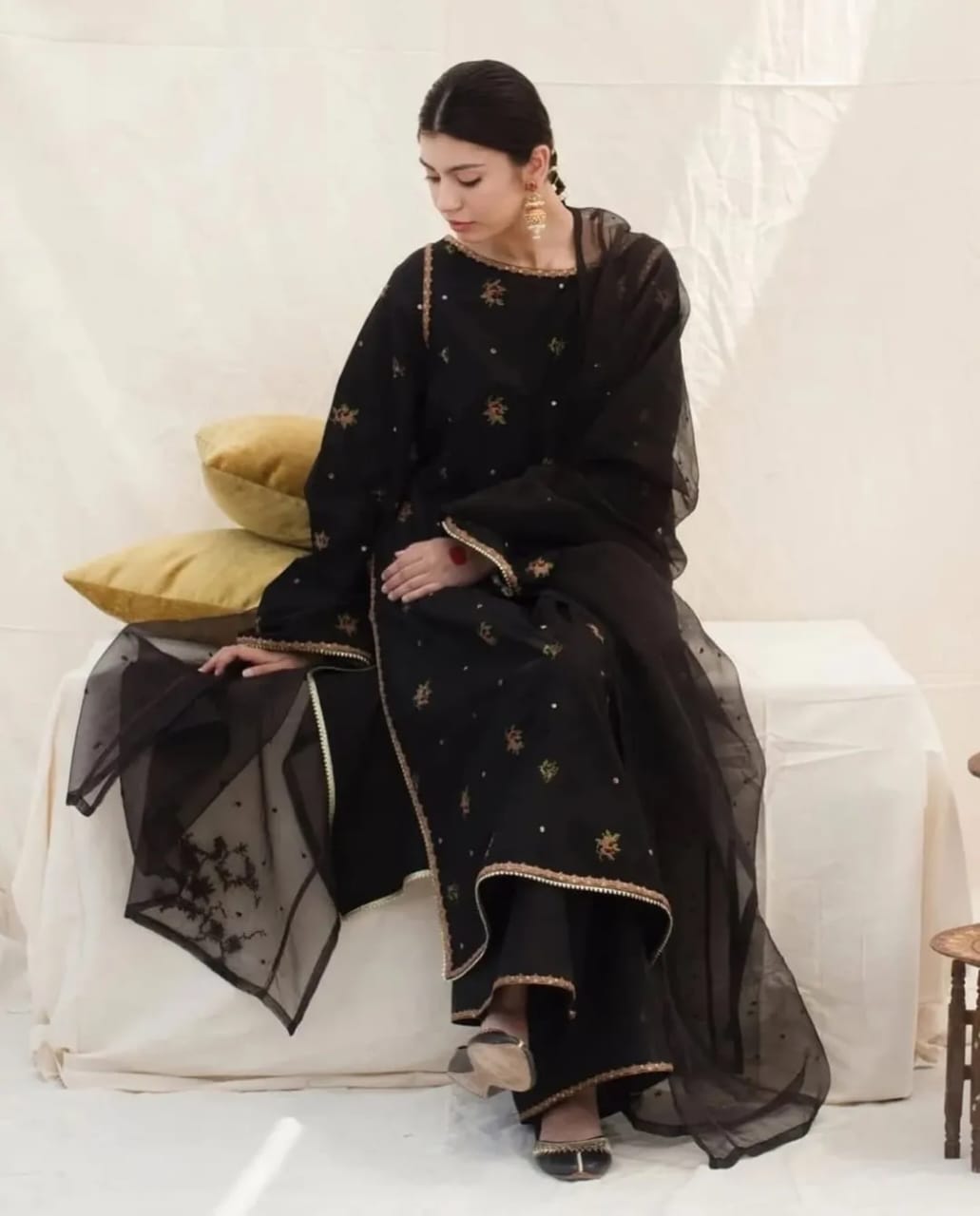 Black Stone 4-piece outfit with embroidered neckline and dupatta.