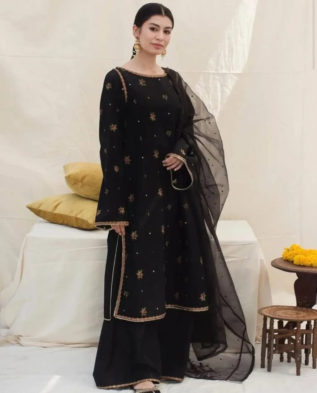 Black Stone embroidered organza outfit for festive occasions.