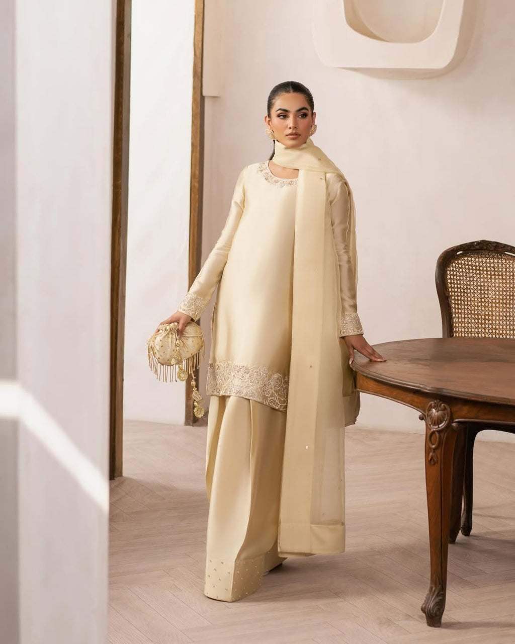 Butter Yellow 3 piece silk embroidered suit