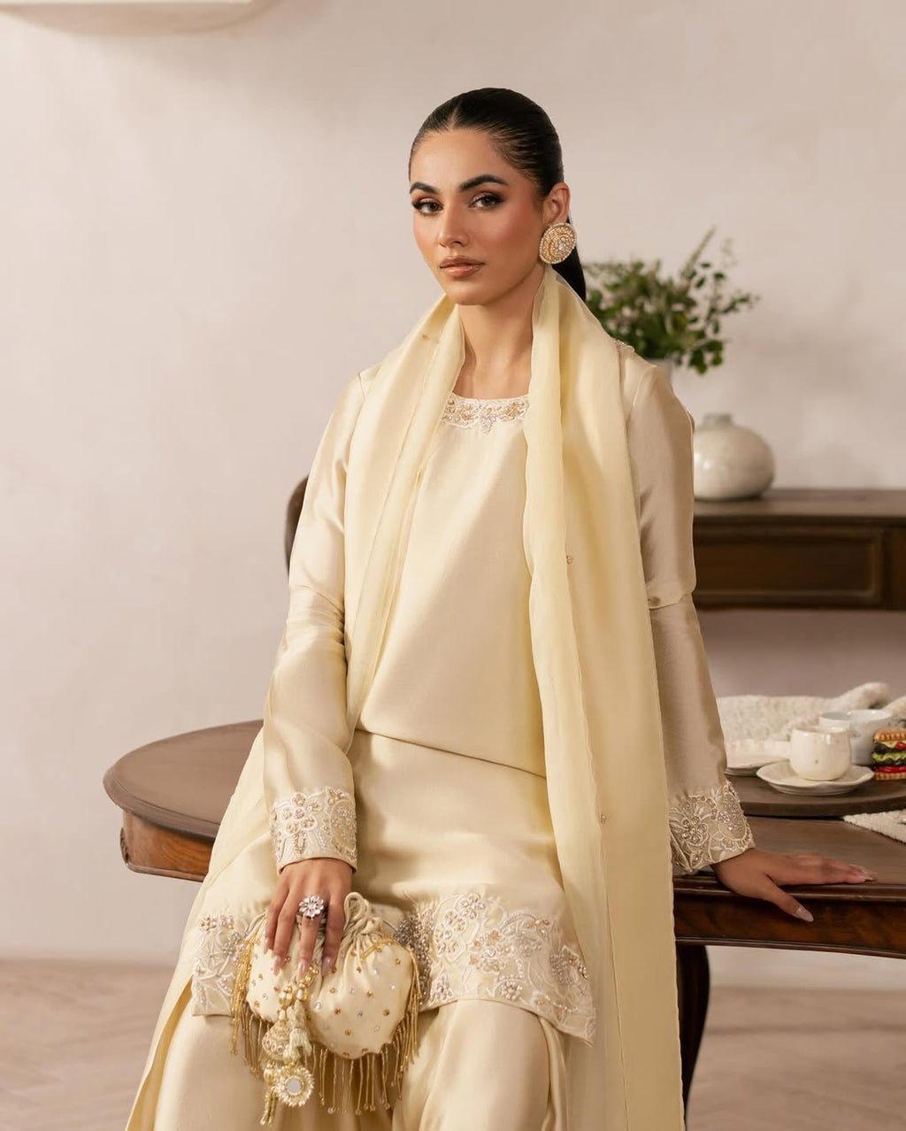 Butter Yellow short silk embroidered shirt