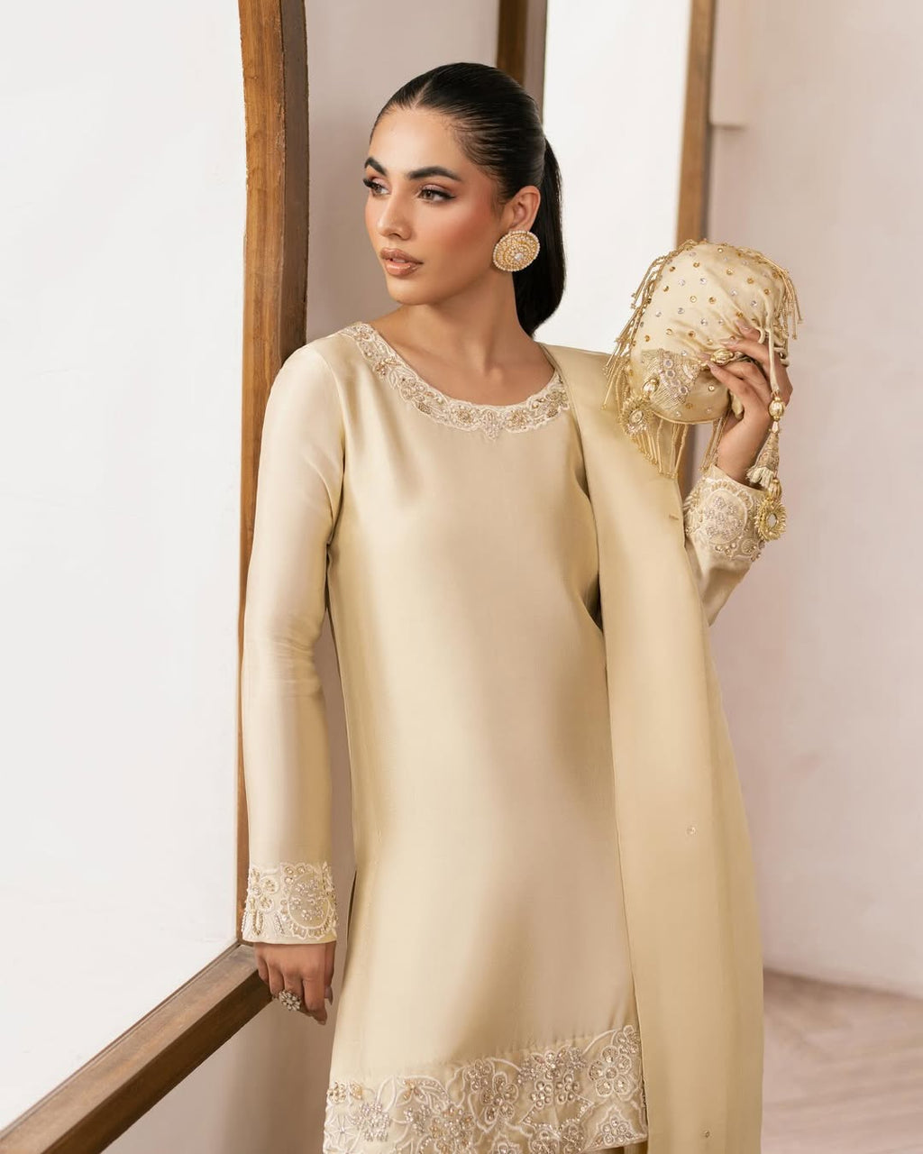 Butter Yellow silk shirt with handmade neckline embroidery