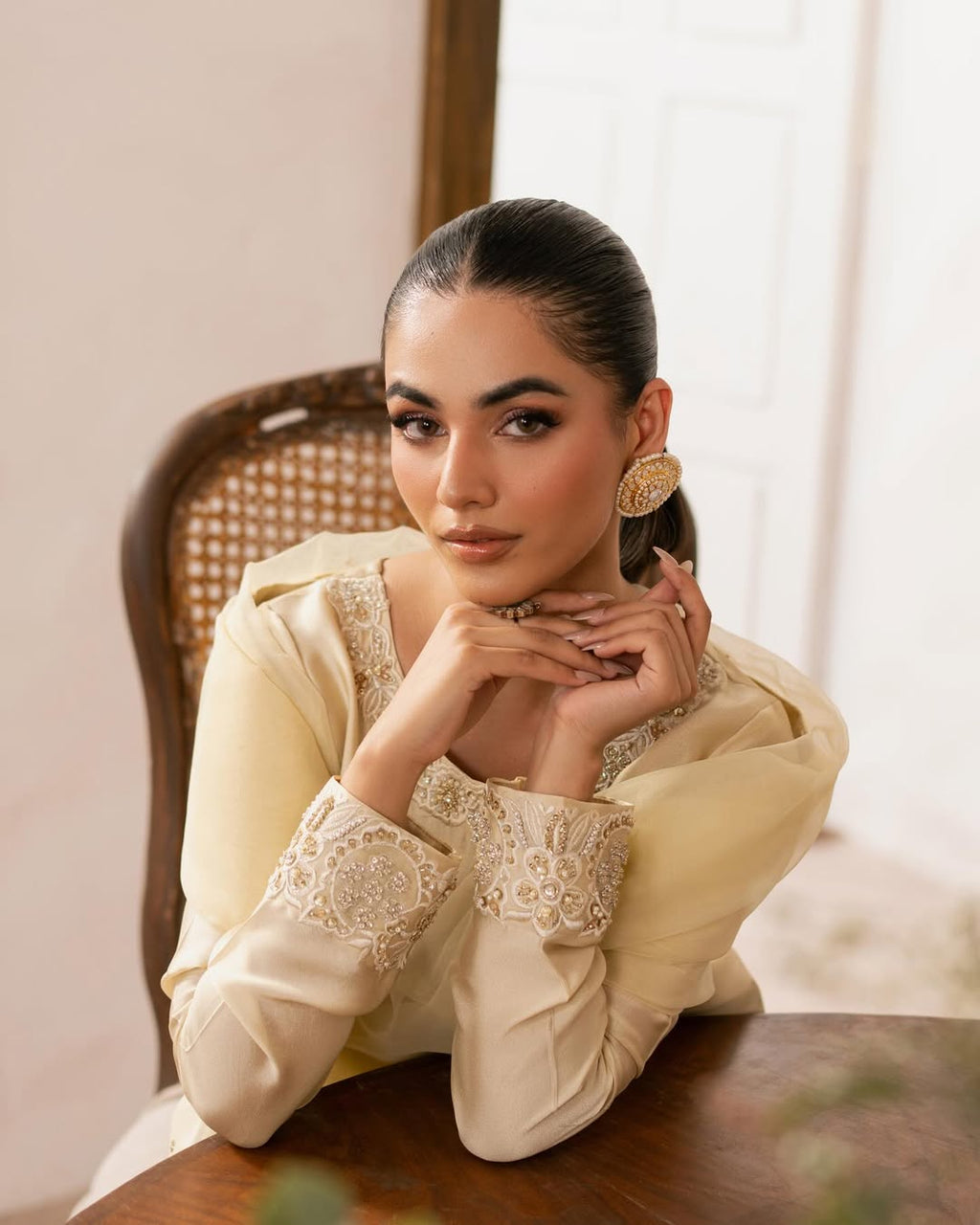 Butter Yellow shirt with embroidered sleeve detailing