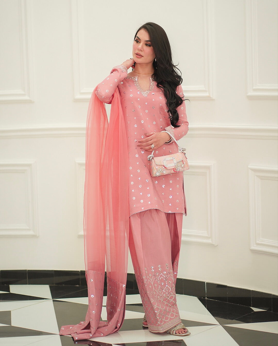 Embrose 3-piece outfit with elegant embroidery and sequin detailing.