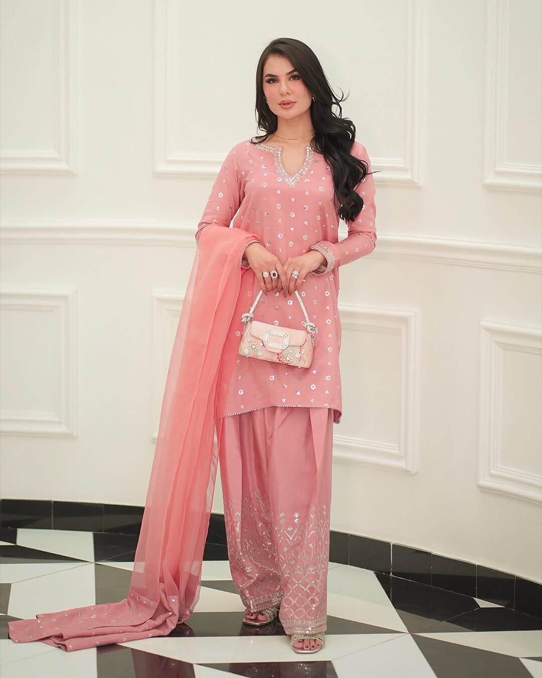 Embrose embroidered 3-piece suit with delicate patchwork dupatta.