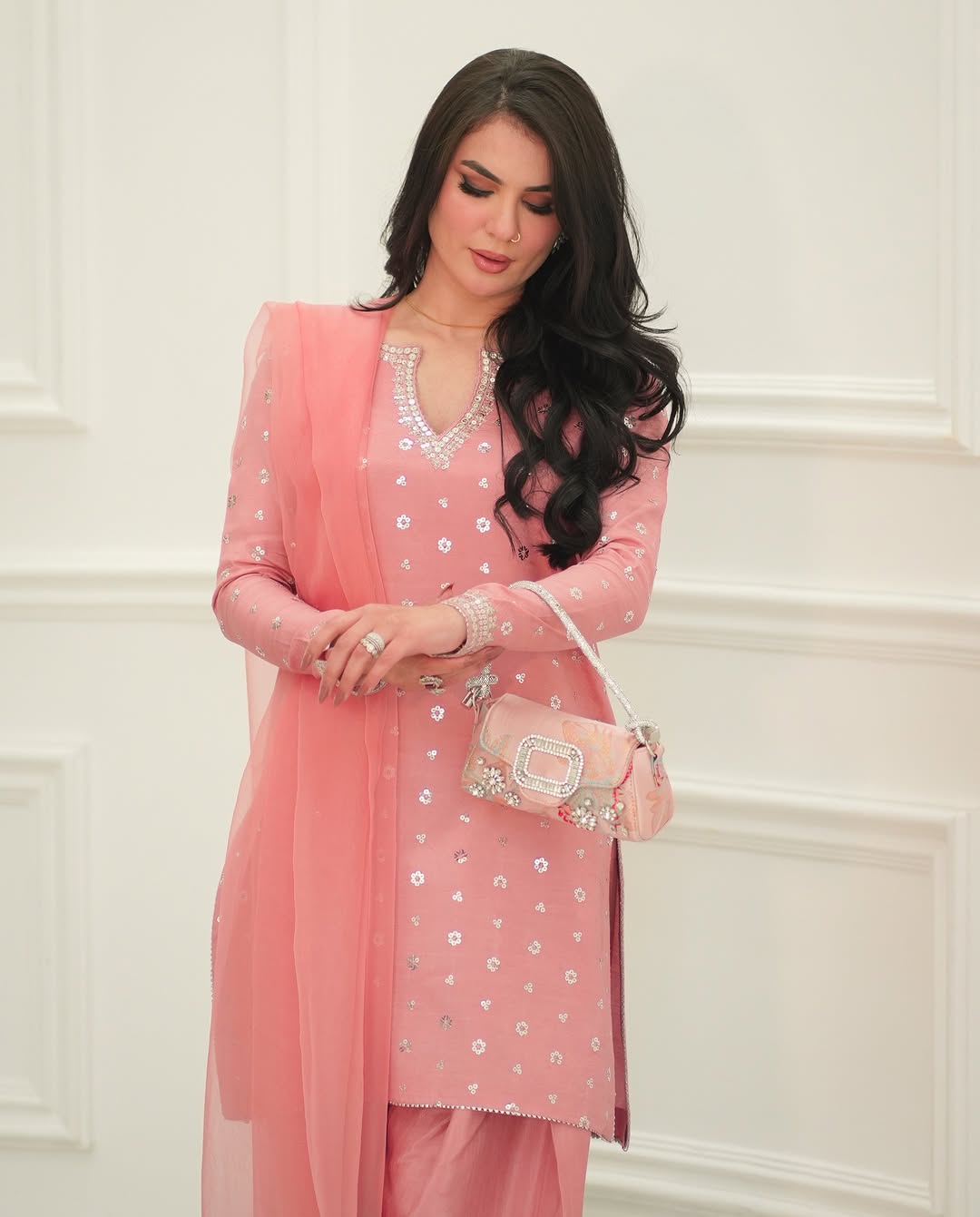 Embrose embroidered outfit with subtle sequin detailing.