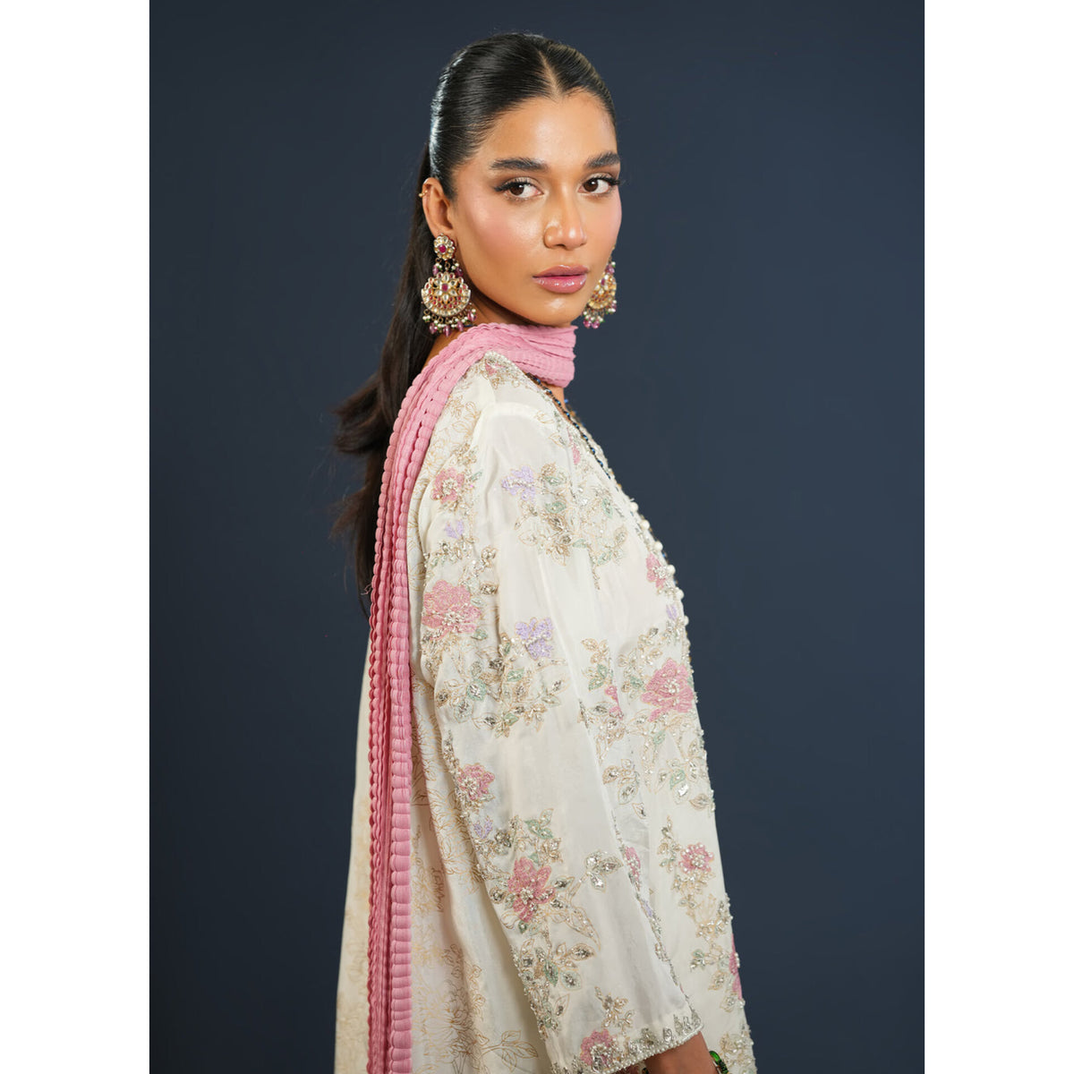 Gulnaar printed organza suit with vibrant chunri dupatta.