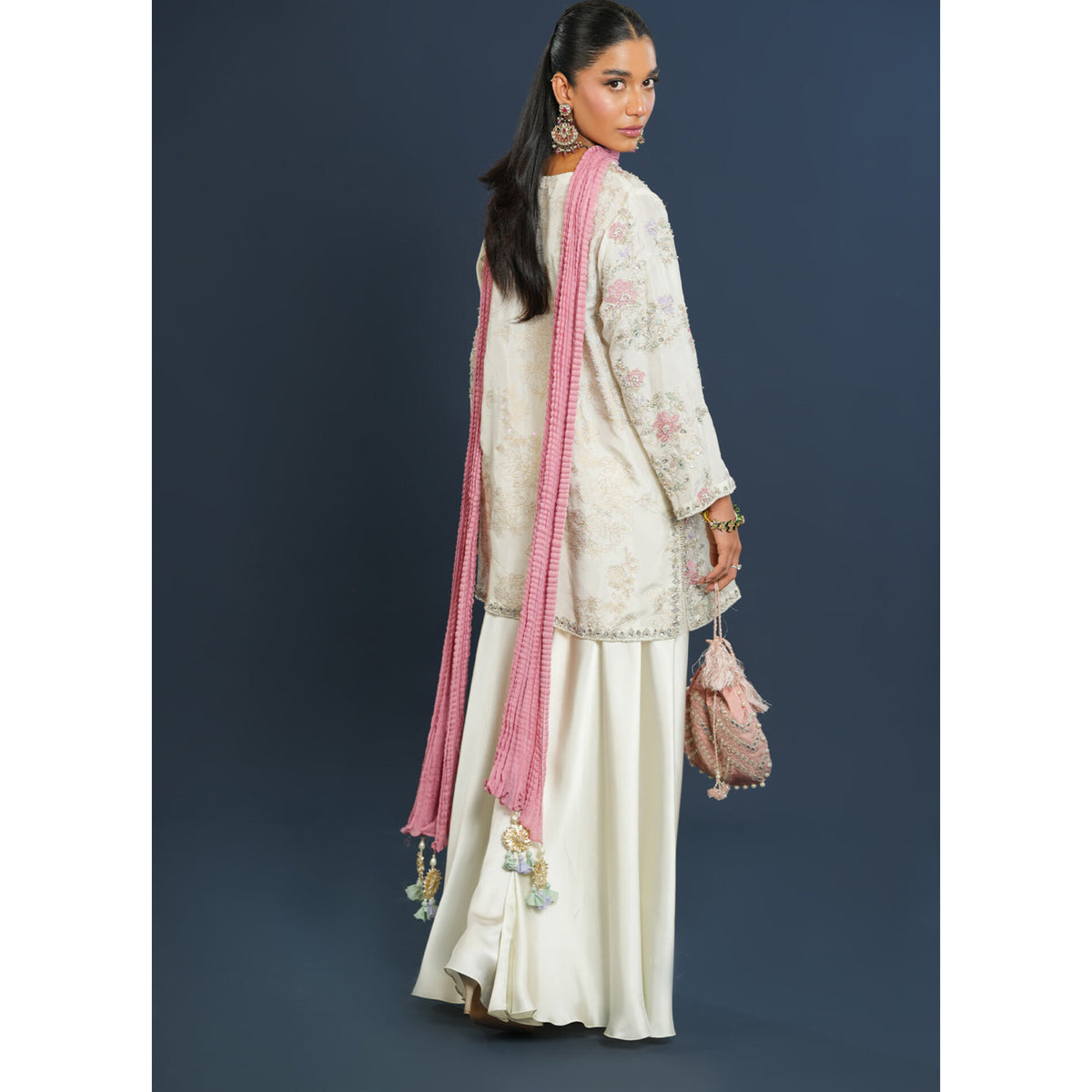 Gulnaar elegant organza outfit with handcrafted detailing.