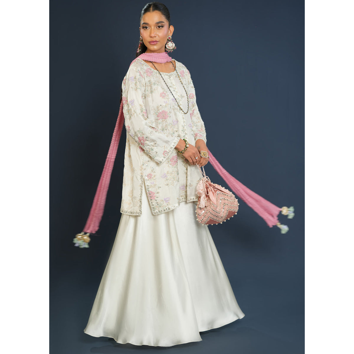 Gulnaar organza outfit with shamooze trouser and chunri dupatta.
