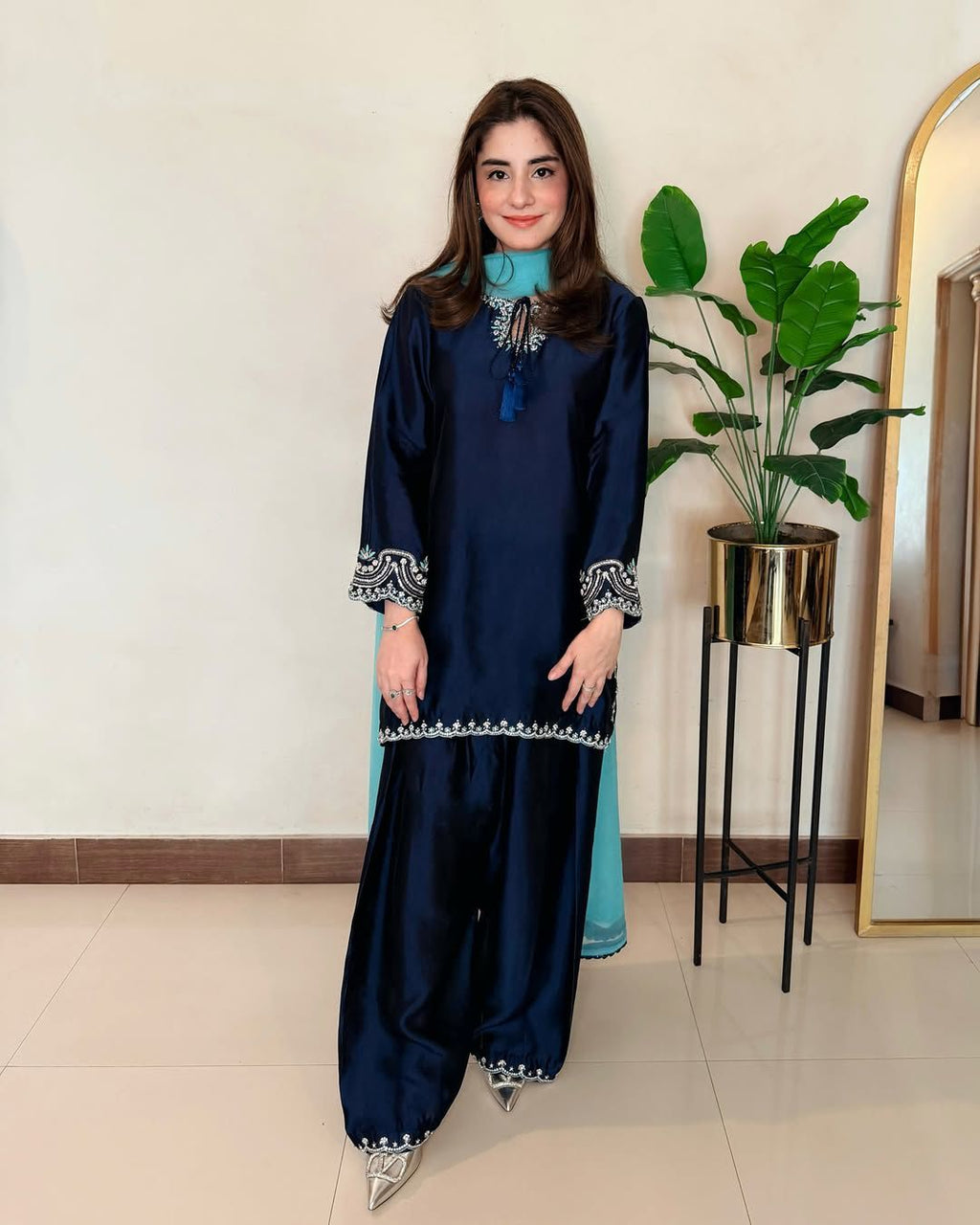 Mahrosh 3-piece royal blue silk outfit with hand embellishments.