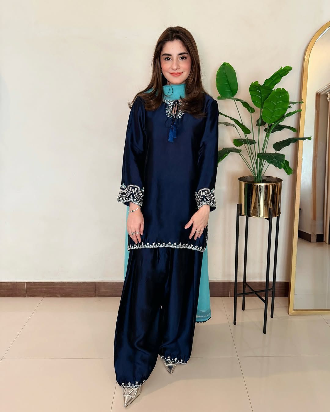 Mahrosh 3-piece royal blue silk outfit with hand embellishments.