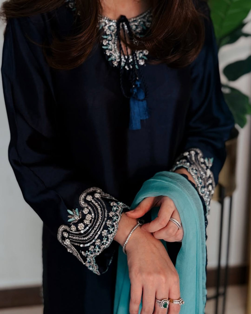 Mahrosh royal blue silk suit with elegant farshi shalwar.