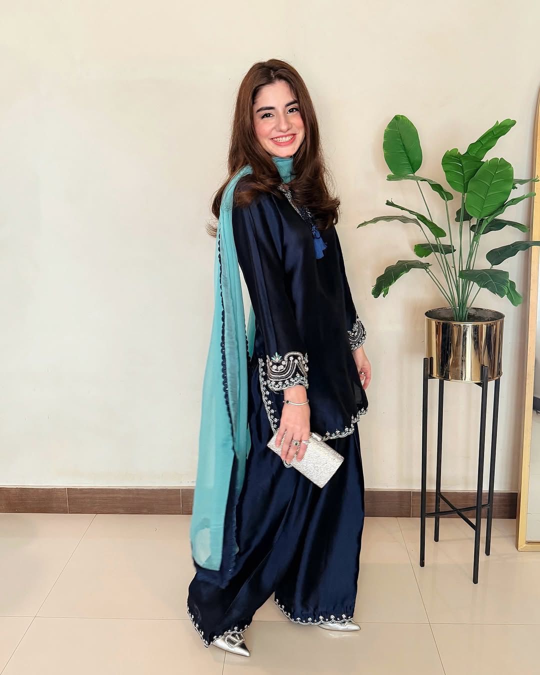 Mahrosh 3-piece silk outfit with embellished neckline and sleeves.