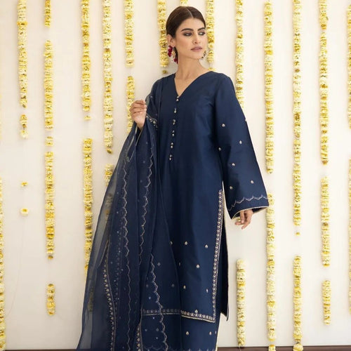 Blue Oasis Embroidered Lawn Suit with Handwork Neckline