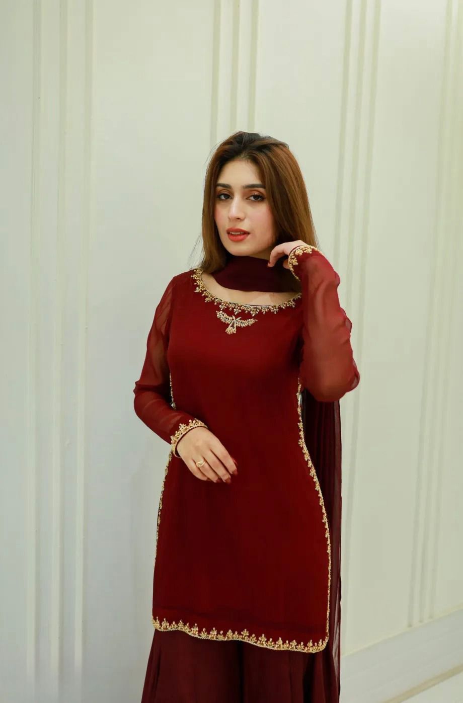 Rang-e-Noor maroon chiffon embroidered shirt