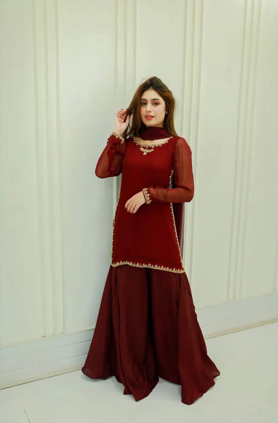 Rang-e-Noor chiffon shirt with handmade neckline work