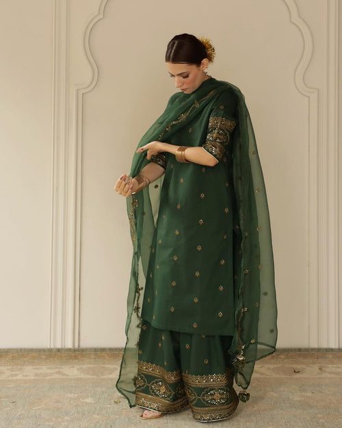 Bottle Green Tilla and Sequin Embroidered 3 Piece Suit