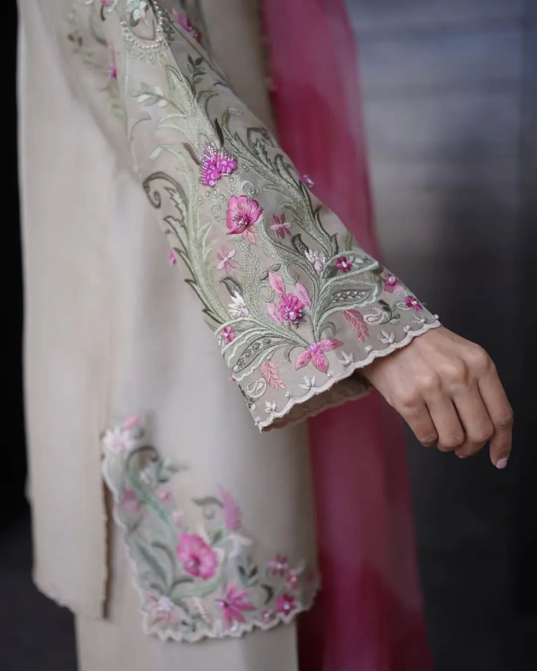 Vanya embroidered neckline detailing on raw silk shirt