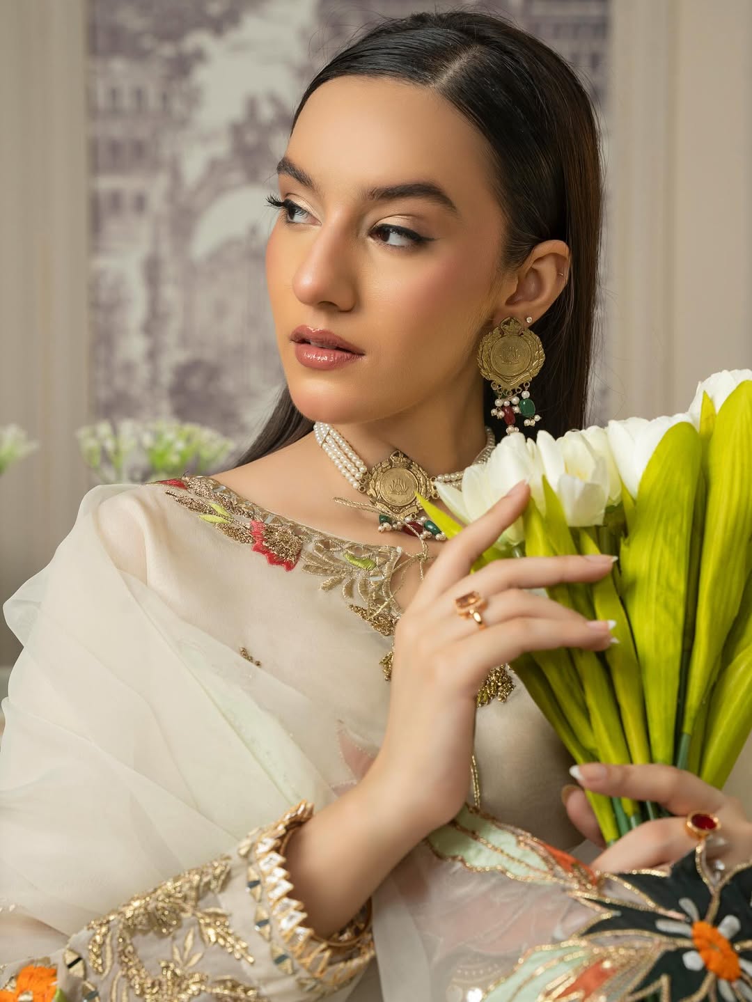 ZQ-11 embroidered organza shirt with silk trouser and dupatta.