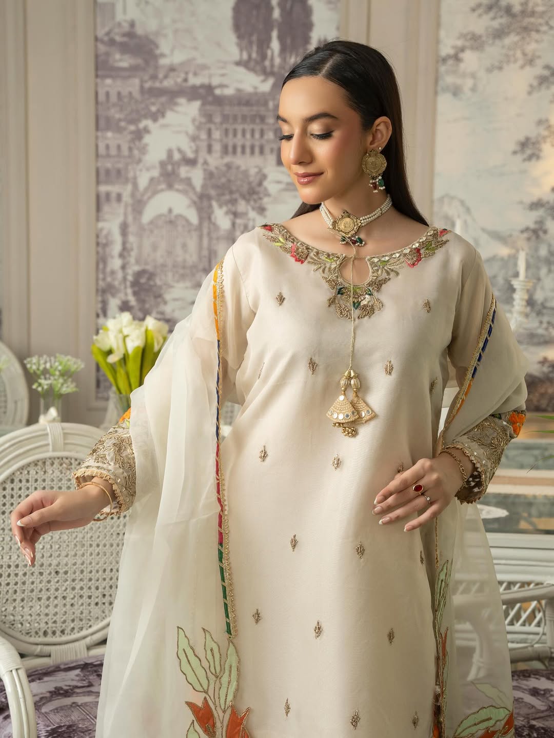 ZQ-11 luxury organza dress with naqshi and sequin embroidery.