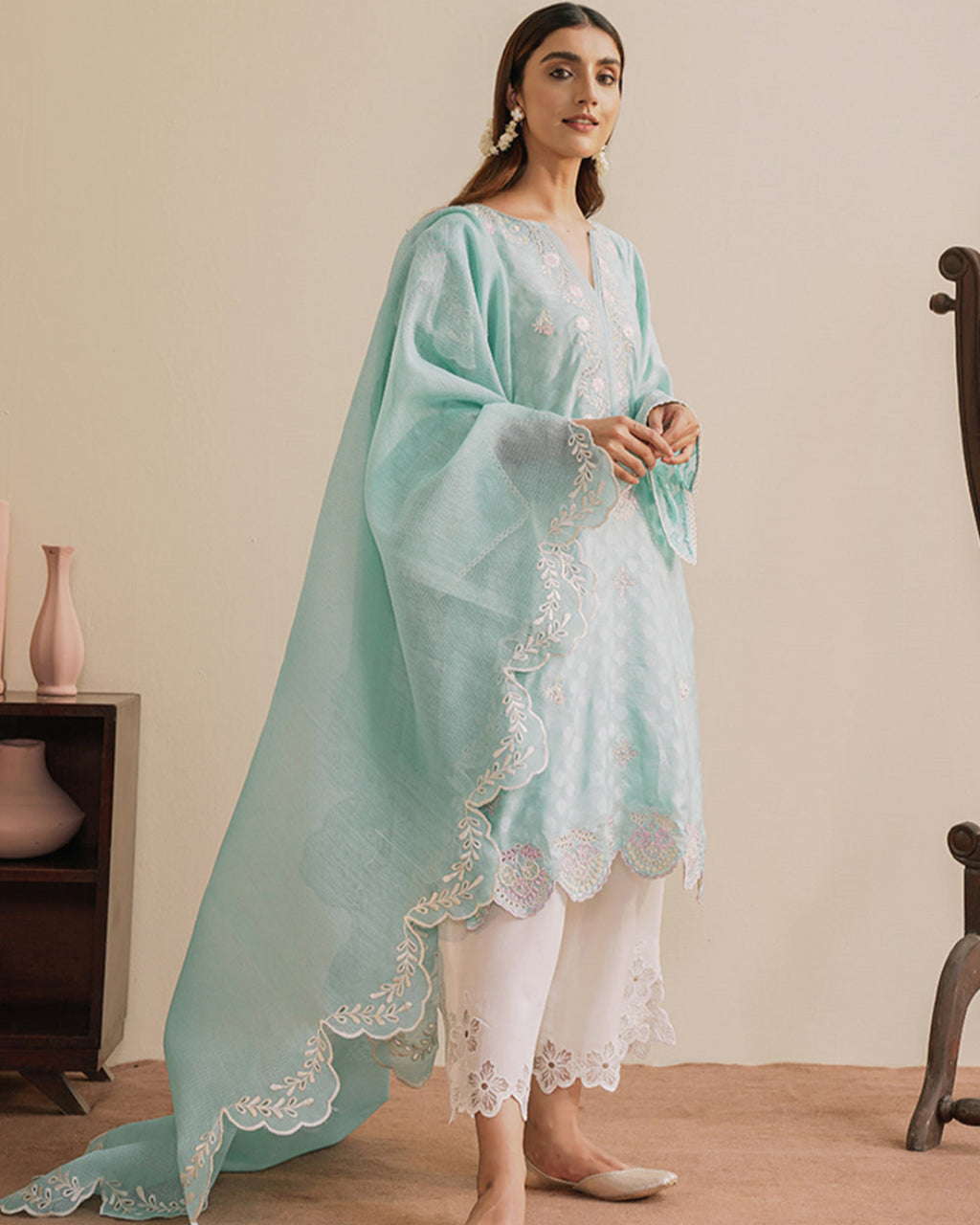 Zaal mint green jacquard lawn outfit with white embroidery.