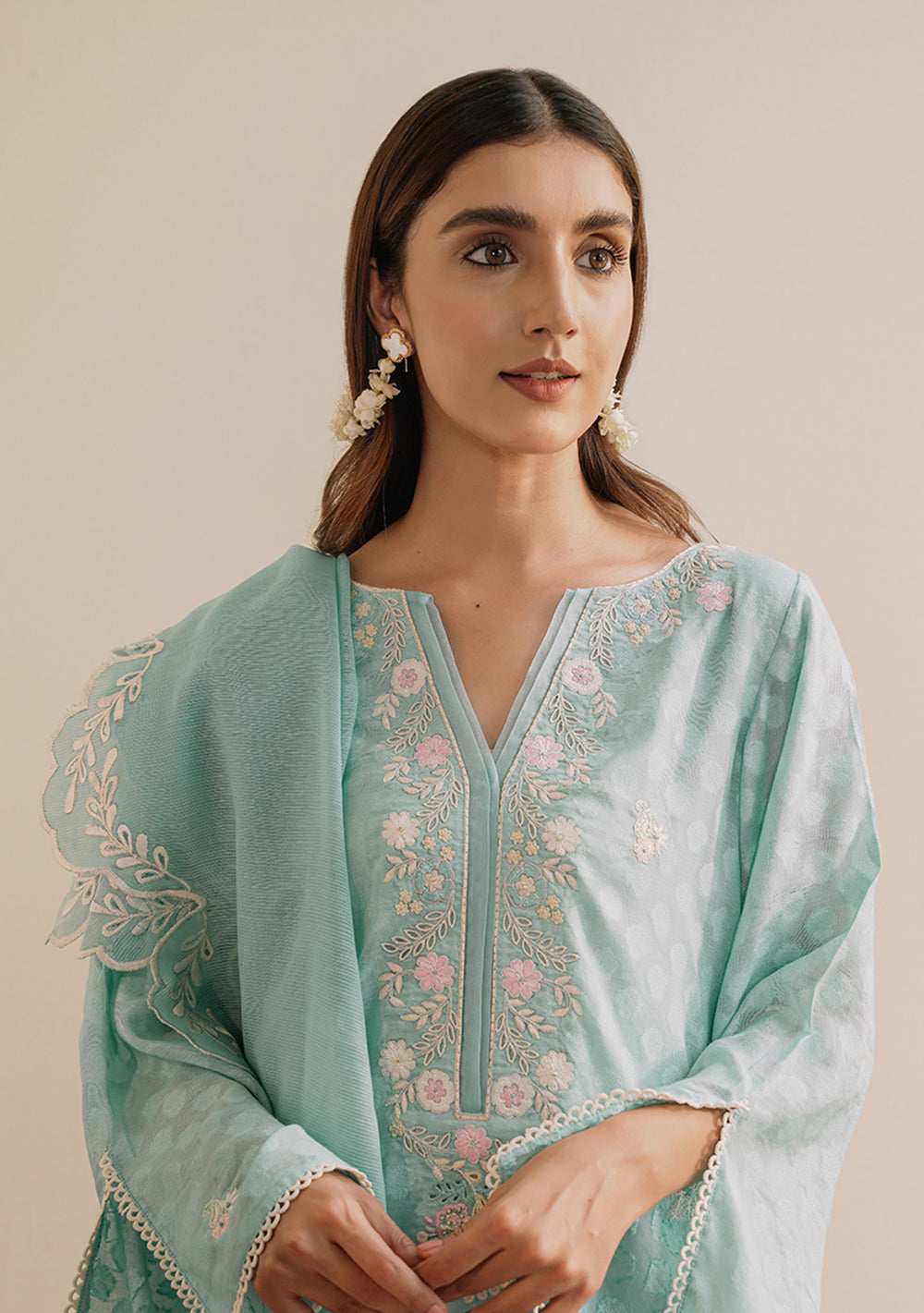 Zaal jacquard lawn suit with delicate white embroidery.