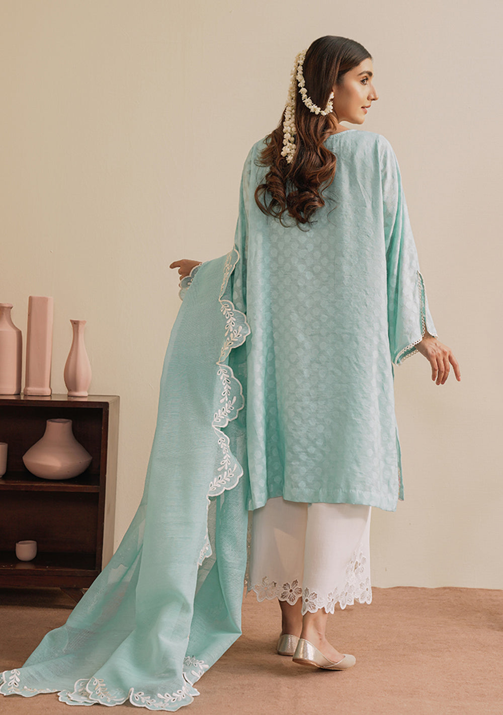 Zaal elegant mint green outfit with cutwork lace trouser.