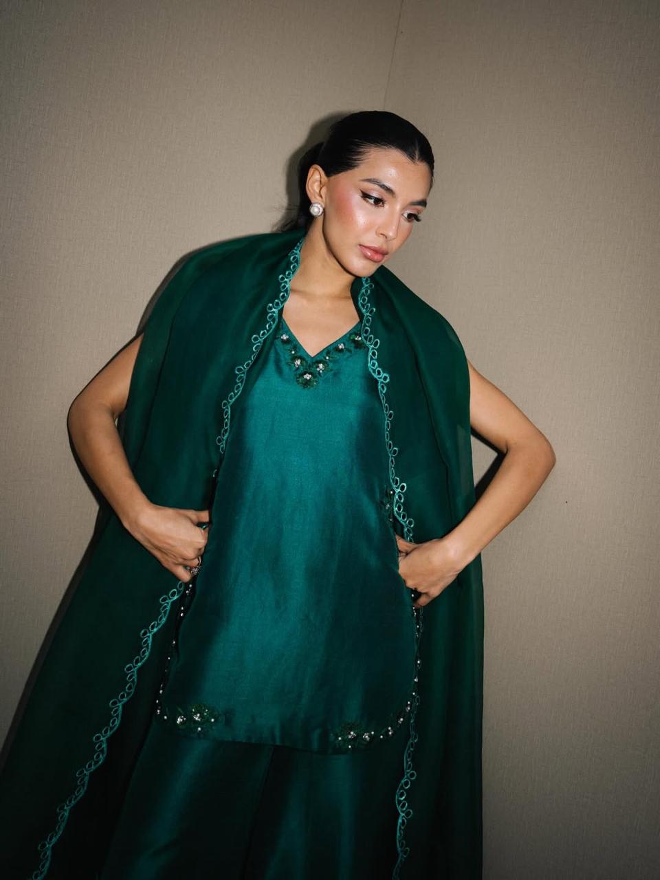 Zarheen silk shirt with handmade neckline work
