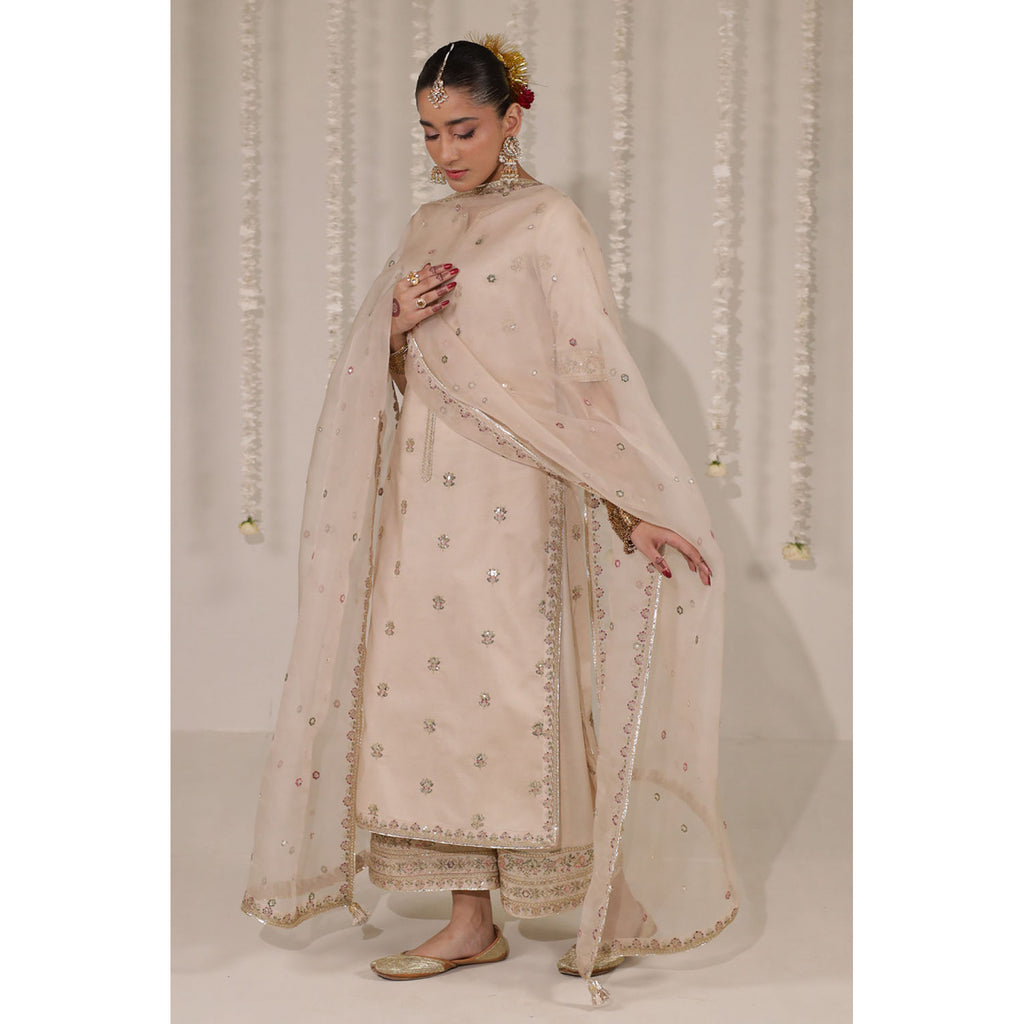 Zarnoor 3-piece outfit with embroidered sheer dupatta.