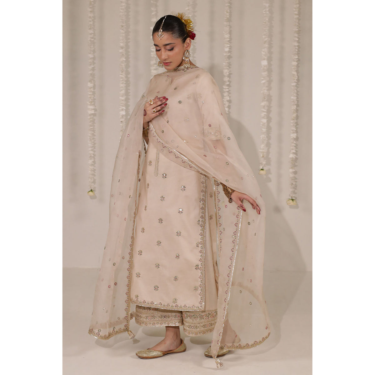 Zarnoor 3-piece outfit with embroidered sheer dupatta.