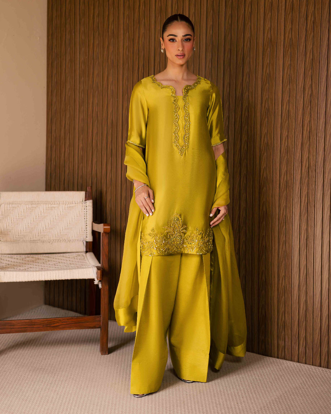 Zarqash 3-piece Kattan silk outfit with handmade adda work.