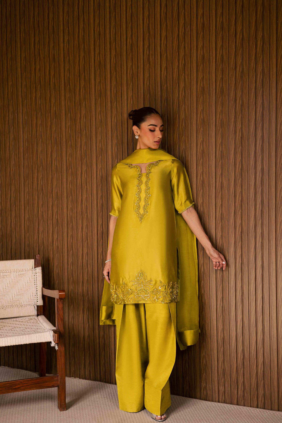 Zarqash elegant Kattan silk suit with farshi shalwar.