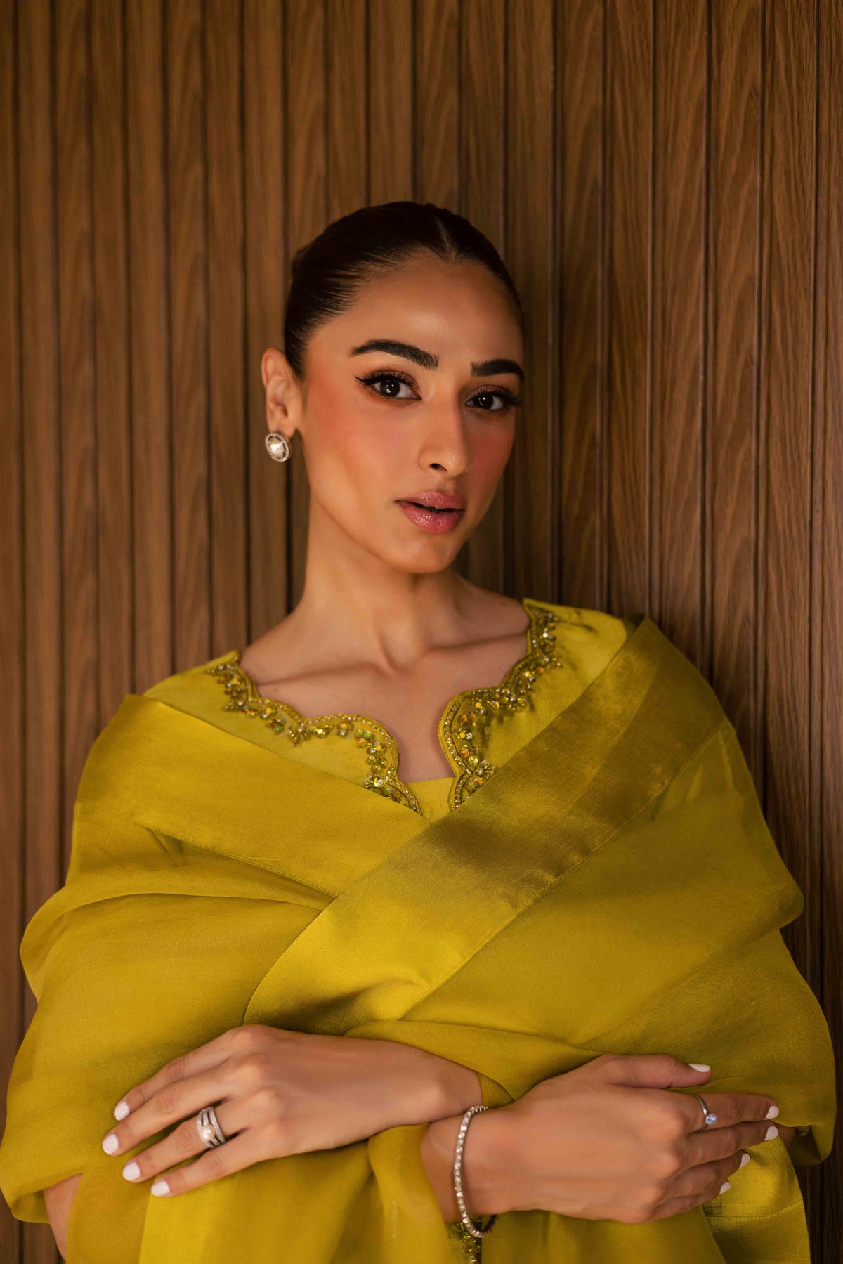 Zarqash Kattan silk outfit with handcrafted organza dupatta.